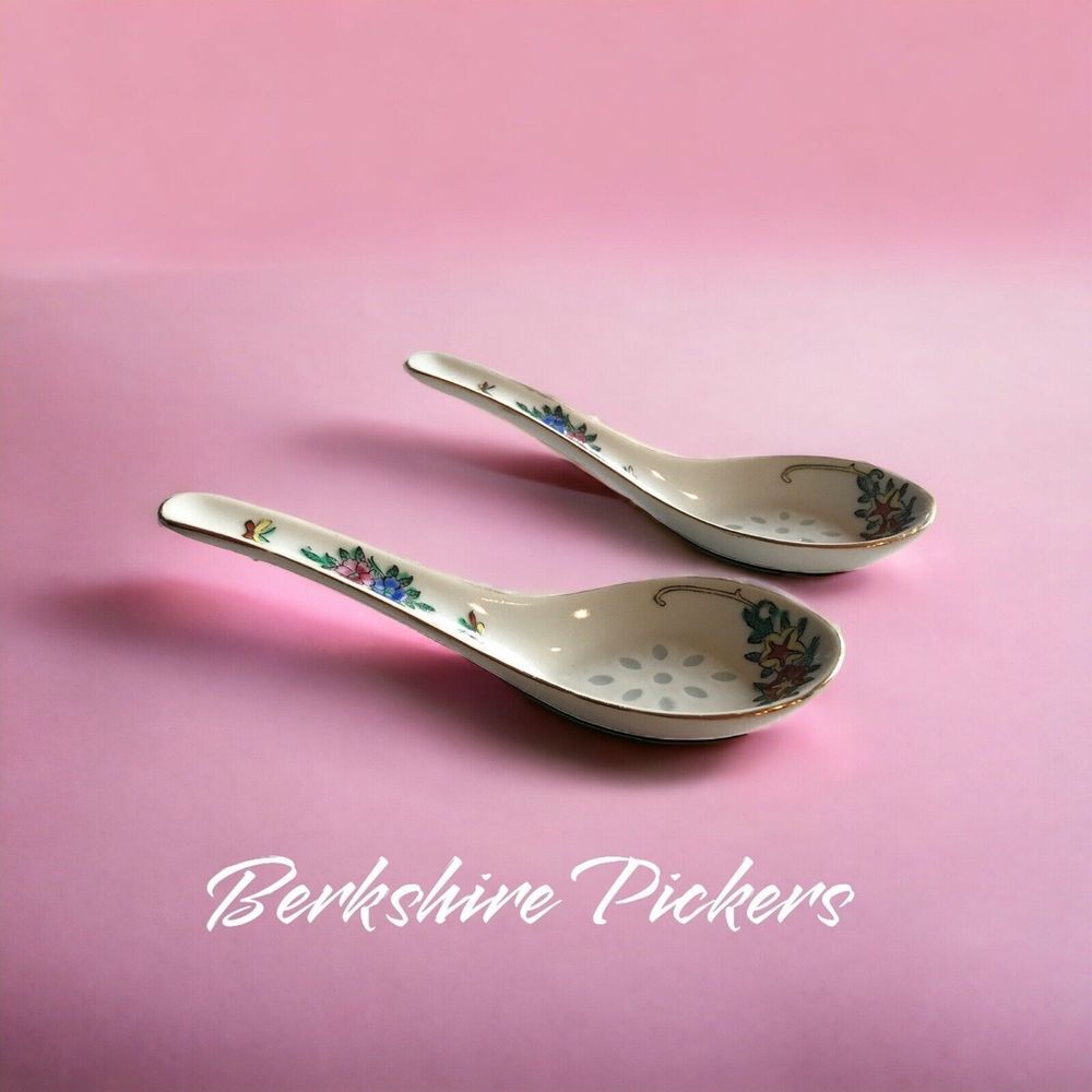 Chinese Rice Eye Soup‎ Spoons Asian Porcelain Gold Trim Hand Painted (2)